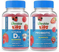 Lifeable Sugar Vitamin D Kids + Probiotic + Prebiotic Fiber Kids Gummies Bundle Great Tasting Vitamin Supplement Gluten Gmo Chewable Gummy