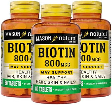 Mason Natural Biotin 800 Mcg Hair Skin & Nail Health Support High Potency Vitamin B7 Supplement 60 Tablets (Pack Of 3)