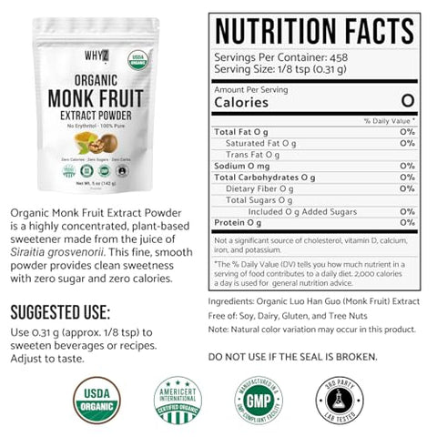 Organic Monk Fruit Extract, 5 oz, Pure Monk Fruit Sweetener Organic No Erythritol and Zero Calorie, Sugar Substitute, Powdered Monkfruit Sweetener Keto and Paleo Diet Friendly, 458 Servings