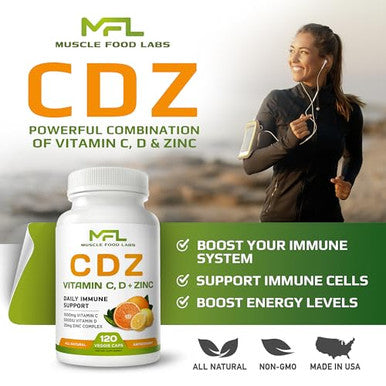 Muscle Food Labs | C D Z | Vitamin C 1000Mg | Vitamin D3 125Mcg | Zinc 25Mg | Non-Gmo & Gluten Free | 120 Vegetarian Capsules 120 Servings