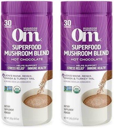 Om Mushroom Superfood Hot Chocolate Blend Mushroom Powder 8.47 Ounce Canister 30 Servings Dutch Cocoa 2G Of Sugar 25 Calories Lion'S Mane Reishi Chaga Turkey Tail Focus And Stress Support