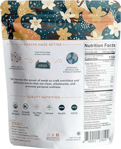 SEEDLY Organic 70% Dark Chocolate Snacking Bark with 20g Protein 50% less sugar Variety Pack Keto Vegan Snacks GlutenFree Low Carb Paleo NonGMO SteviaFree No Weird Additives 3.6oz (Pack of 6)