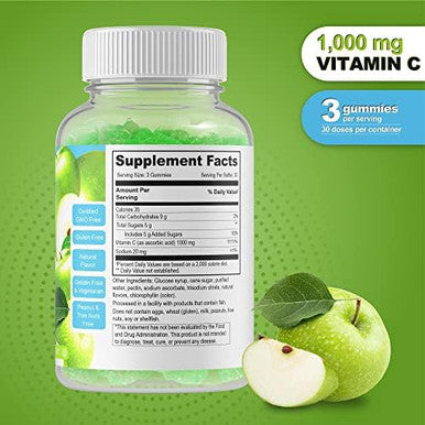 Doctors Finest Vitamin C 1000Mg Gummies, Maximum Strength, Vegan, Gmo- Gluten , Great Taste Natural Sour Apple Flavor Gummy Vitamins, Immune Support Dietary Supplement, For Adults, 90 Gummies