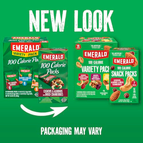 Emerald Nuts Cashews and Almonds with Dried Cranberries 7 Ct (1-Pack) | 100-Calorie Individual Packs of Nut Blend and Dried Fruit | Kosher Certified, Non-GMO, Contains No Artificial Preservatives, Flavors or Synthetic Colors