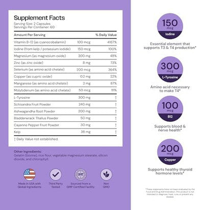 Thyroid Support With Iodine, Natural Supplement For Women And Men, Supports Energy And Thyroid Health, 120 Capsules