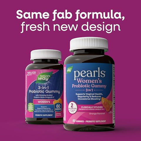 Nature'S Way Pearls Probiotic Women'S Gummy 3-In-1 Reduces Occasional Bloating Supports Digestive & Vaginal Health Gluten Free Orange Flavored 60 Gummies (Packaging May Vary)