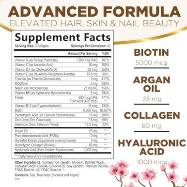 Hair Vitamins Women, Ultra Strength 5000Mcg Biotin, Collagen, Paba & More - Womens Hair Growth, Skin, Nails & Keratin Support Supplement, Infused W/ Argan Oil & Hyaluronic Acid, Non-Gmo - 120 Softgels