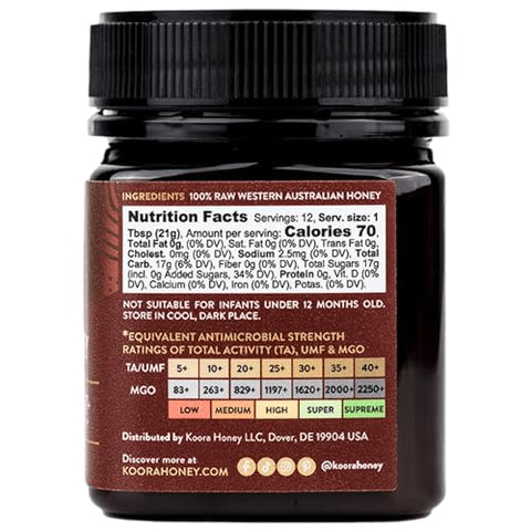 KOORA Marri Honey TA 25+ (MGO 1197+ Manuka Honey Rating Equiv.) Low GI, Raw Medicinal Honey for Daily Health & Immune Support, from the Ancient Wild Forests of Western Australia, 8.8 oz