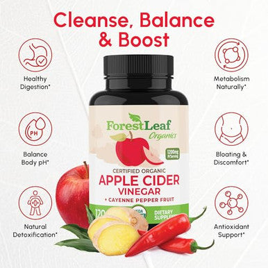 Forestleaf Usda Organic Apple Cider Vinegar Capsules With Mother 1200 Mg Vegan & Non-Gmo Apple Cider Vinegar Pills With Cayenne Pepper & Ginger Root 120 Caps