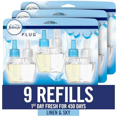 Febreze Plug In Air Freshener Odor-Fighting Scented Oil Refill For Home Bathroom & Kitchen Long Lasting For Strong Odors Linen & Sky Scent 0.87Oz Refills 9 Count