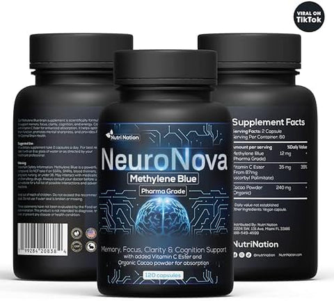 Nutri Nation Methylene Blue Pharma Grade (240 Capsules) Supplement With Added Vitamin C Ester For Enhanced Absorption Brain Supplement With Brain Fuel Memory Focus Clarity Cognitive Energy 4 Month Supply