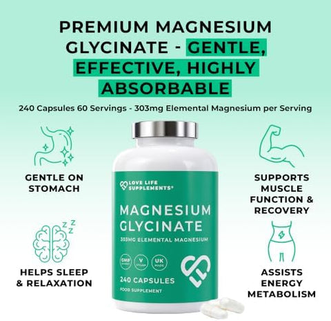 Pure Magnesium Glycinate (Bisglycinate) 240 Vegan Capsules 2 Month Supply High Strength 300mg Elemental Bioavailable Chelated Supplement for Sleep Muscle Cramps UK Made Love Life Supplements