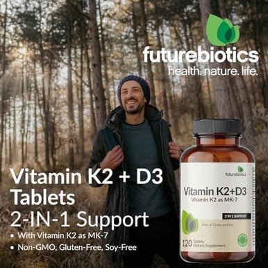 Futurebiotics Vitamin K2 With D3 2 In 1 Support 5000 Iu Vitamin D3 & 90 Mcg Vitamin K2 Mk7 Nongmo 120 Tablets