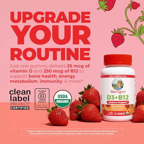 Maryruth'S Organic Vitamin D3 B12 Gummies For Ages 4 Bone Health Immune Support Energy Metabolism Cognitive Function Vegan Non-Gmo Gluten Free 60 Servings 2 Month Supply