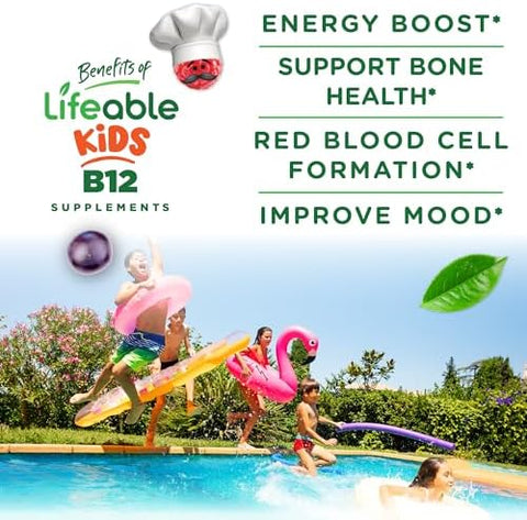 Lifeable Vitamin B12 for Kids 1000 mcg Great Tasting Vitamin B12 Gummies Gluten Free Vegan B12 Vitamins B12 Vitamins for Energy Mood and Nervous System Support 90 Gummies