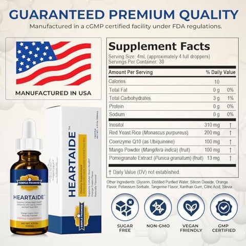 Simple Promise Heartaide - Heart Health Supplement - Red Yeast Rice With Coq10 (200Mg & 100Mg) & Inositol - Liquid Drops For Cholesterol & Cardiovascular Support - 4 Fl Oz Orange Cream Flavor