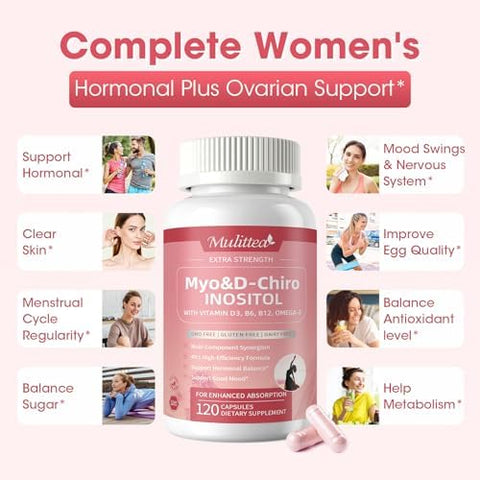 Mulittea Myoinositol & Dchiro Supplement For Women 14In1 Liposomal Inositol With Folic Acidomega3 & Multivitamin For Hormone Balancesupport Ovarianskin & Mood 40:1 Vegan 120 Capsules