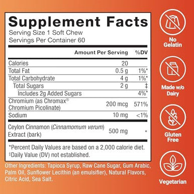 Force Factor Splendid Cinnamon Ceylon Cinnamon With Chromax Chromium For Metabolism & Antioxidant Support Apple Cinnamon 60 Soft Chews