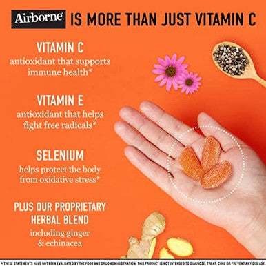 Airborne 750Mg Vitamin C Gummies For Adults Immune Support Supplement With Powerful Antioxidants Vitamins C & E 42 Gummies Zesty Orange Flavor