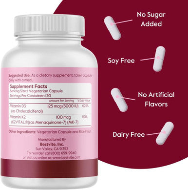 Bestvite Vegan Vitamin D3 5000 IU + Vitamin K2 100 mcg as MK-7 (120 Vegetarian Capsules) No Stearates Vegan Non GMO Gluten