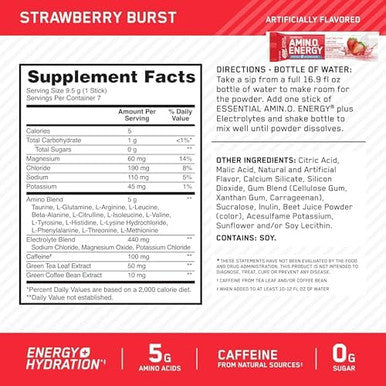 Amazing Grass Bundle: Optimum Nutrition Amino Energy Plus Electrolytes Stick Packs Strawberry Burst 7 Count Greens Superfood Energy: Watermelon With Plant Based Caffeine 30 Servings