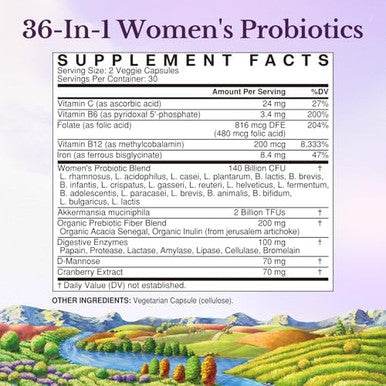 Vitalitown Probiotics For Women, 140 Billion Cfu 20 Strains, Akkermansia Probiotic With Iron, Vitamin C B6 & B12, Digestive Enzymes, Cranberry, D-Mannose, Vaginal Probiotics & Prebiotics, 60 Capsules