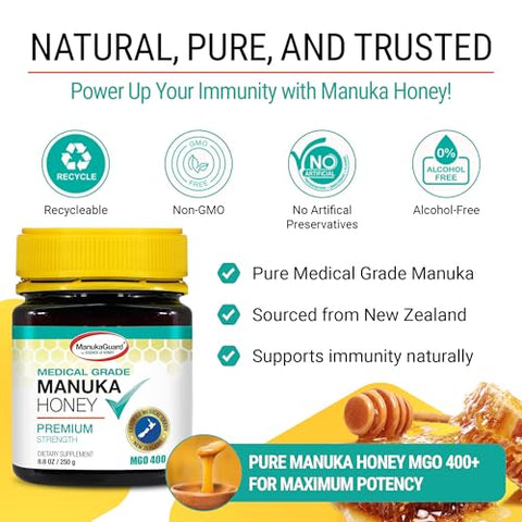 ManukaGuardÃ‚Â® Medical Grade Manuka Honey MGO 400+ | 100% Authentic New Zealand Manuka Honey | Healing Honey for Immunity Boost | 8.8 oz