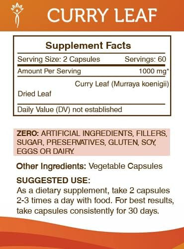 Secrets of the Tribe Curry Leaf 120 Capsules 1000 mg, Curry Leaf (Murraya koenigii) Dried Leaf (120 Capsules)