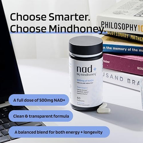 MINDHONEY NAD+ Brain Supplement 500mg NAD+ Premium Formula Healthy AntiAging Cellular Energy Cognition Metabolic Health Heart + Muscle Support Vegan NonGMO GlutenFree 30 Servings