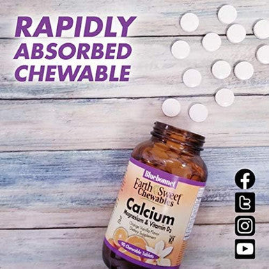 Bluebonnet Nutrition Calcium Magnesium Plus Vitamin D3 Earthsweet Bone Health & Muscle Relaxation Soy Gluten Kosher Dairy 90 Vanilla Flavored Chewable Tablets