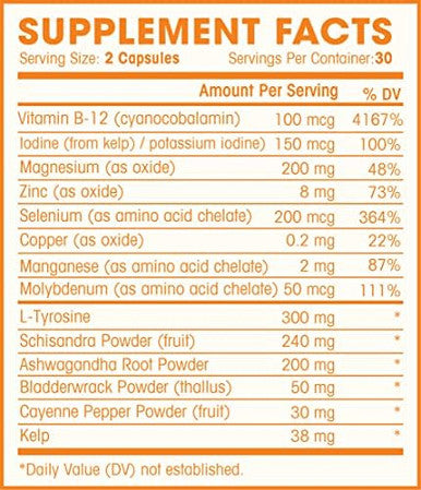 Thyroid Support Complex With Iodine For Energy Levels, Weight Loss, Metabolism, Fatigue & Brain Function - Natural Health Supplement Formula: L-Tyrosine, Selenium, Kelp, Bladderwrack, Ashwagandha, Etc
