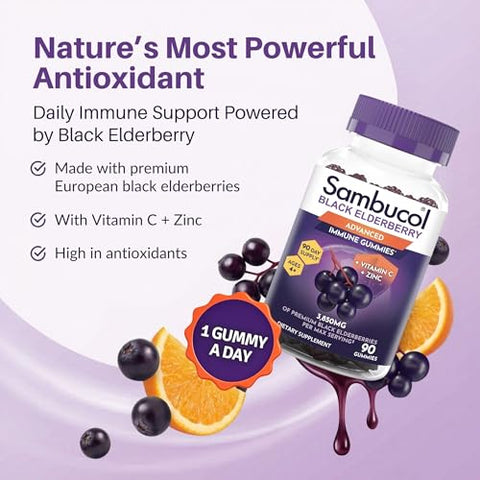 Sambucol Elderberry Gummies - Immune Support Supplement For Adults & Kids With Vitamin C & Zinc Sambucol Elderberry Are High In Antioxidants Gluten Free Vegan 90 Count