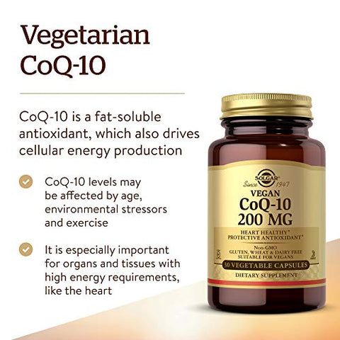 Solgar Vegetarian Coq-10 200 Mg 30 Vegetable Capsules - Heart Healthy Protective Antioxidant - Coenzyme Q10 (Coq-10) Supplement - Vegan Gluten Free Dairy Free Kosher 30 Servings