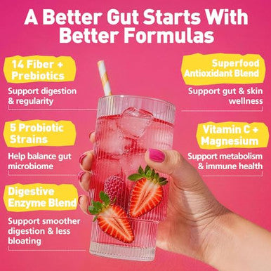 Migcopat Superfood Fiber Powder With Probiotics Prebiotics Digestive Enzymes Vitamin C Inulin Magnesium 14G Fiber Supplement For Digestive Support & Skin Health Strawberry 40 Serv
