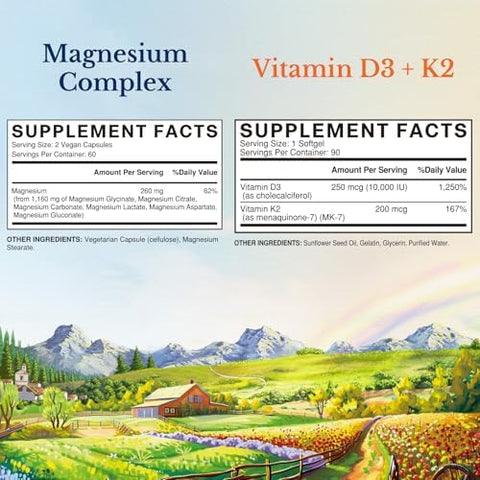Vitalitown 6-In-1 Magnesium Complex & Vitamin D3 K2 Bundle (Pack Of 2) For Digestive Bone Heart Immune Health Magnesium Glycinate 10000Iu D3 Mk-7 120 Mag Caps & 90 D3 Softgel