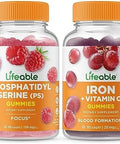 Lifeable Phosphatidylserine (Ps) + Iron With Vitamin C Gummies Bundle Great Tasting Vitamin Supplement Gluten Gmo Chewable Gummy