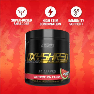 EHP Labs OxyShred Hardcore Super Dosed Pre Workout Powder Preworkout Powder with L Glutamine and Acetyl L Carnitine Energy Boost Drink 275mg of Caffeine Watermelon Candy 40 Servings