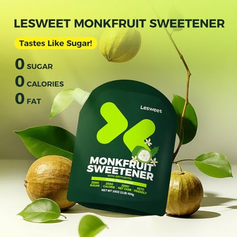 Lesweet Monk Fruit Sweetener 16 oz and Lesweet Classic Zero Calorie Sweetener, Erythritol Sweetener with Stevia Extract 16 oz