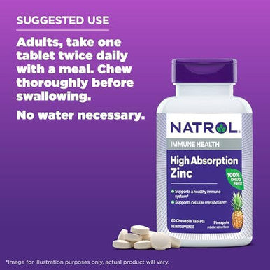 Natrol High Absorption Zinc 7.5 Mg Per Serving, Dietary Supplement For Immune Health, Chewable Tablets For Adults, 60 Zinc Tablets, 60 Day Supply
