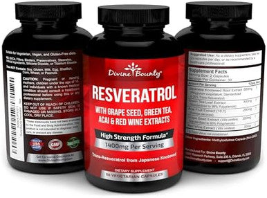 Divine Bounty Resveratrol Supplement - 1400Mg Extra Strength Formula With Grape Seed Extract, Green Tea Extract, Red Wine Extract - 60 Veggie Capsules