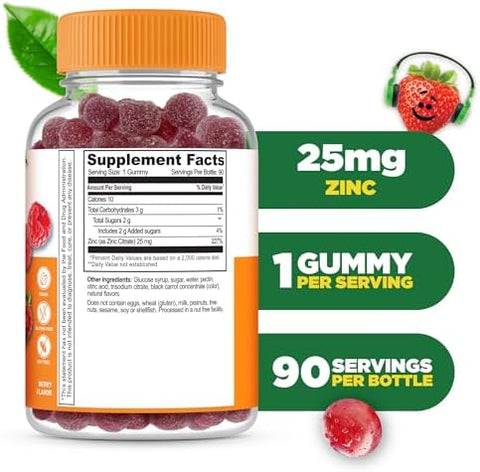 Lifeable Zinc for Kids 25mg Great Tasting Natural Flavored Zinc Gummies Gluten Free Vegetarian Non GMO Zinc Supplements Kids Zinc for Immune Support 90 Gummies