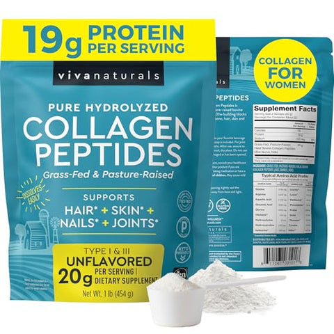 Viva Naturals Collagen Peptides Powder - Grass-Fed Hydrolyzed Bovine Type I & Iii - 19 G Protein Unflavored Easy Dissolving - Joint Skin Hair & Nail Support - Paleo Keto Non-Gmo 1Lb