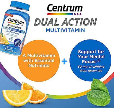 Centrum Multigummies Multi+ Dual Action Mental Focus Adult Multivitamin With Caffeine From Green Tea, Supports Mental Focus, Attention And Alertness, Lemon/Orange Flavors - 90 Count