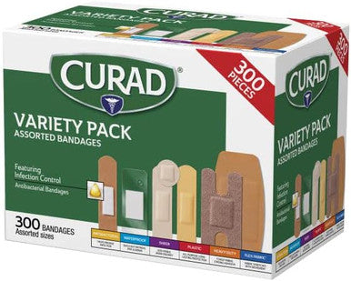 Curad Assorted Bandages Variety Pack 300 Pieces Including Antibacterial Heavy Duty Fabric and Waterproof Bandages