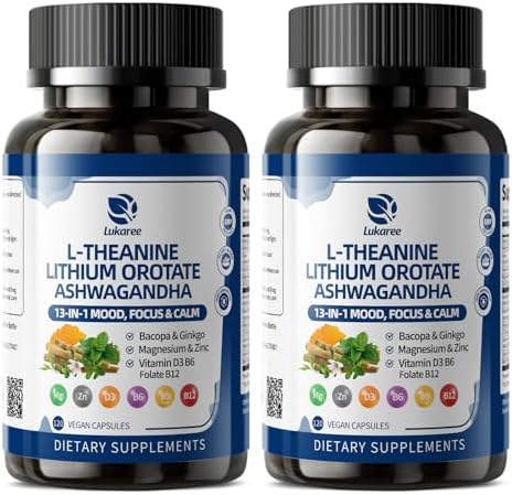 13in1 Lithium Orotate 10mg with Ashwagandha 300mg and LTheanine 100mg Mood Calm Sleep and Brain Bacopa Ginkgo Biloba Lemon Balm Magnesium Glycinate Zinc D3 B6 Folate B12 120 Vegan Capsules
