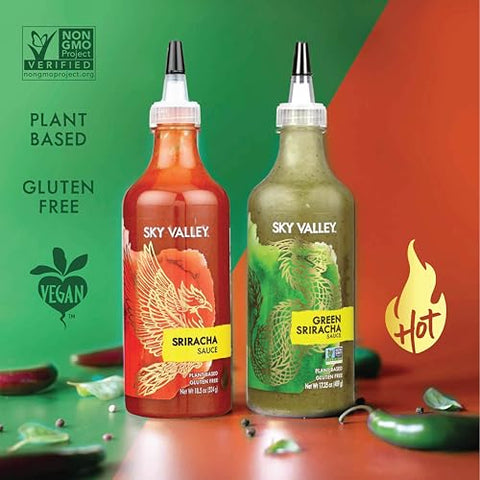 Sky Valley Sriracha Sauce Bundle (Green and Red Sriracha Sauce) - Hot Sauce, Lime, Red Jalapeno Peppers, Vegan, Gluten Free, Non-GMO, Low Sugar, 5 Calories per Serving - Variety, 18.5 Oz, (Pack of 2)