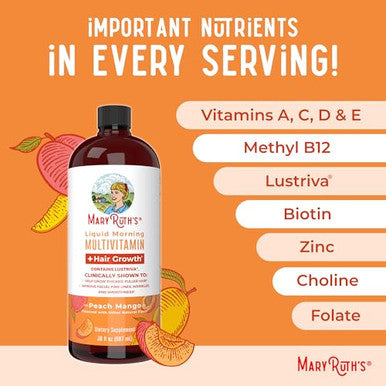 Maryruth's Liquid Morning Multivitamin +Hair Growth (Peach Mango & Iron Liquid 30Oz