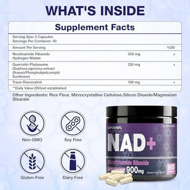 Nad+ Supplement - Nicotinamide Riboside, Resveratrol, Liposomal Nad Plus 900Mg For Men And Women, Nr Supplement For Energy Anti-Aging Focus, 80 Capsules