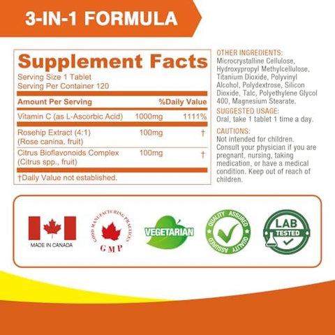 Lovita Vitamin C 1000mg with Citrus Bioflavonoids and Rosehip Timed Release Coating High Potency 3in1 Formula Immune Support 120 Vegan Tablets