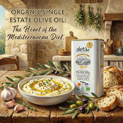 Aleta, USDA Organic Greek Extra Virgin Olive Oil, EU Certified Single Estate PDO Greece, 1 Lt (33.8 oz.) Tin, Kosher EK, Pack of 1
